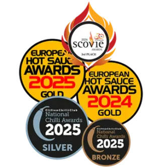 Auszeichnung: "European Hot Sauce Awards Winner 2024 & 2025"<br />Clifton Chili Awards Bronze und Silber 2025